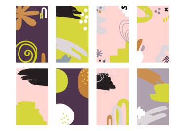 Sosyal medya hikayeleri ve yaratıcı setler için soyut arka plan şablonu şekillendirir. Renkli şekilleri ve benekleri olan metin ve resimler için kopyalama alanı olan dikey tasarım, parlak kalın renkler vurur.