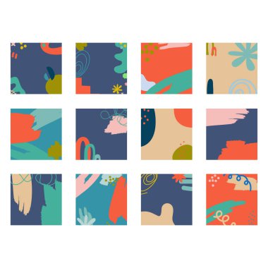 Sosyal medya hikayeleri ve yaratıcı setler için soyut arka plan şablonu şekillendirir. Metin ve renkli şekiller ve benekli resimler için metin alanı ile kare tasarımı, parlak kalın renkler vurur.