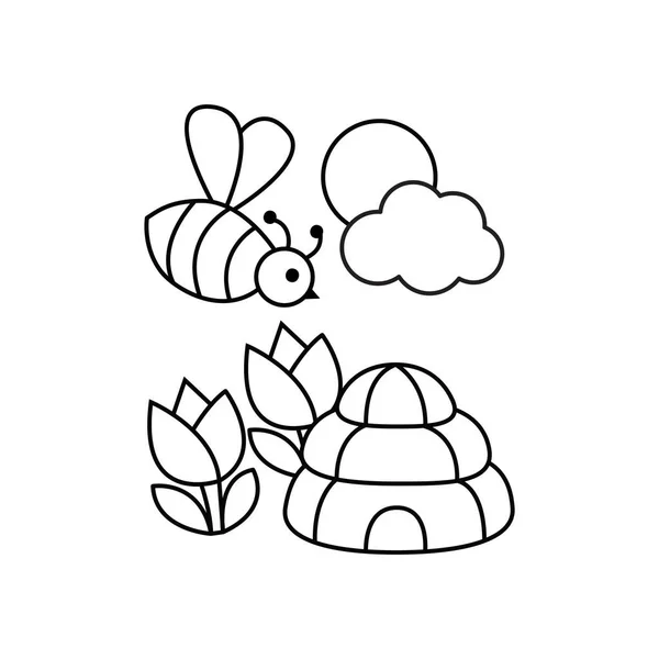 Cute Bee Flying Hive Flower Spring Coloring Page Kids Colour — Stock Vector