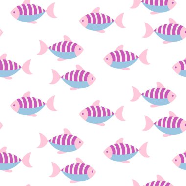 Çizgi film şirin pembe ve mavi balık vektörü beyaz arkaplanda kusursuz desen