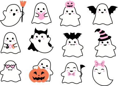 Şirin komik hayaletler. Sopalı ürkütücü çocuksu karakterler, çocuklar için balkabağı. Pembe cadılar bayramı izole düz çizgi film vektör çizimleri komik hayalet karakterler.