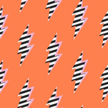 Çizgili şekilli, parlak, kusursuz vektör deseni. Pop art yıldırımlı turuncu arka plan