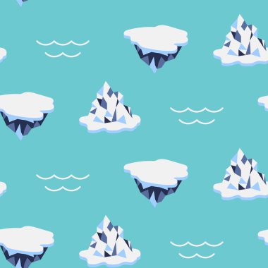 Buzdağı karikatür tarzı buzsuz desen. Kumaş üzerine baskı yapmak için arka plan tasarımı tekrarlanıyor. Su düz vektör çiziminde buz yüzüyor.