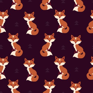 Geometrik Tilkiler ve orman bitkileri. Ormandaki vahşi hayvan. Duvar kağıdı, kumaş arkaplan için mavi ve turuncu tekrarlama tasarımı