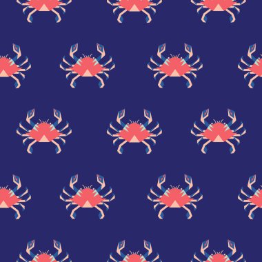 Mavi ve pembe desenli yengeç. Çizgi film stili ikonlar okyanus balığı vektörü geometrik hayvanlar kumaş ve giysi tasarımı için tekrarlanan desen arka planı