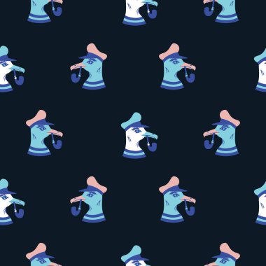 Martı denizcinin kusursuz deseni. Deniz yaşamı okyanus maceraları kumaş baskısı, Kaptan Martılarla çocuksu ambalaj tasarımı. Deniz karakterleri koyu mavi vektör arkaplan.