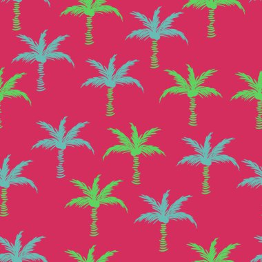 Tropik palmiye ağaçları. Güzel bir yaz geçmişi var. Duvar kağıdı ve kumaş baskısı için pembe pürüzsüz desenli yeşil egzotik bitkiler.