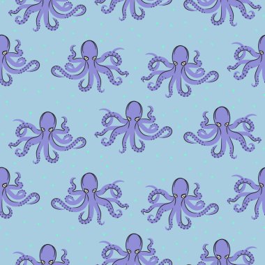 Ahtapot desensiz mavi menekşe. Çizgi film stili ikonlar okyanus hayvan vektör geometrik hayvanlar kumaş ve giysi tasarımı için tekrar desen arka planı