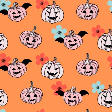 Cadılar Bayramı şirin balkabağı, çiçekler ve örümcek ağı desensiz desen. Modern pembe, turuncu ve siyah kız arkaplan. Tekstil, ambalaj kağıdı, duvar kağıdı, web için çiçek rengi