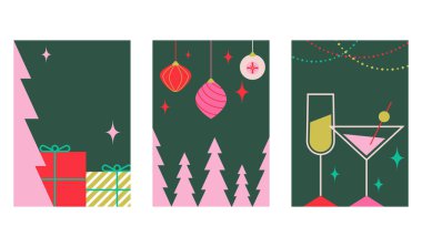 Yeni yılınız kutlu olsun düz çizgi film tasarımı. Poster, afiş, tebrik kartı ve yeni yıl kutlamaları için soyut geometrik vektör tasarımı