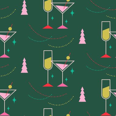 Yeni yıl desenli hediye paketi tasarımı. Noel şampanyası bardakları ve ağaçlar çelenk süsleri yeşil ve pembe arka plan