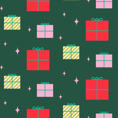 Yeni yıl desenli hediye paketi tasarımı. Noel pembesi hediye kutuları süslemeler yeşil arka plan