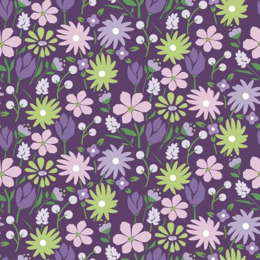 Parlak mor yeşil yaz çiçekleriyle dikişsiz güzel bahar çiçekleri. Ditsy botanik yineleme arka planı
