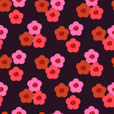 Retro kalın çiçek vektörü parlak pembe arkaplan. Hippi tarzında yüzey deseni tasarımı. Modern 60 'lı, 70' li, 80 'li yıllarda tekstil, kırtasiye, ambalaj kağıdı için kullanılan klasik papatya çiçekleri.