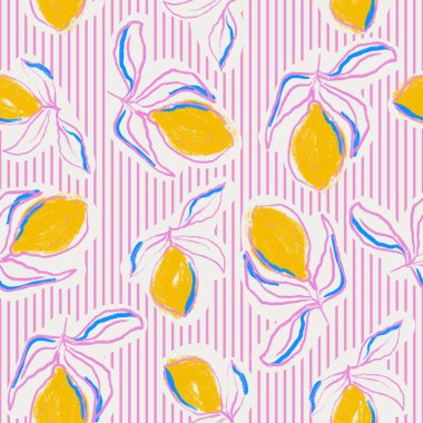 Limonlar tekstil baskısı için elle çizilmiş desensiz desen tasarımı. Yaz narenciye arkaplanı pembe çizgili.
