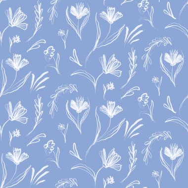 Elle çizilmiş mavi çiçek desenleri kumaş, tekstil, giysi, duvar kağıdı, kapak, afiş, ev dekorasyonu, çiçek arkaplan için organik doğa şekilli.