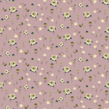 Çiçekli çiçek desenli arka plan. Lale ve gül buketli soluk pembe fon. Moda kumaşları, duvar kağıtları ve ambalaj kağıtları için basit, modern, pürüzsüz çizimler.