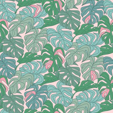 Tropikal yaprak duvar kağıdı, Monstera doğal desen tasarımı, Orman yeşili yapraklar, kumaş için çizilmiş el, kamuflaj yaprakları..