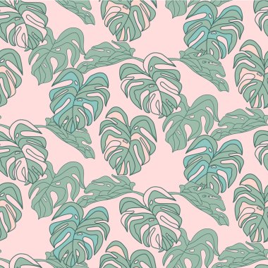 Tropikal yaprak duvar kağıdı, Monstera doğal desen tasarımı, Orman yeşili yapraklar, kumaş için çizilmiş el, pembe baskı üzerinde kamuflaj yeşili..