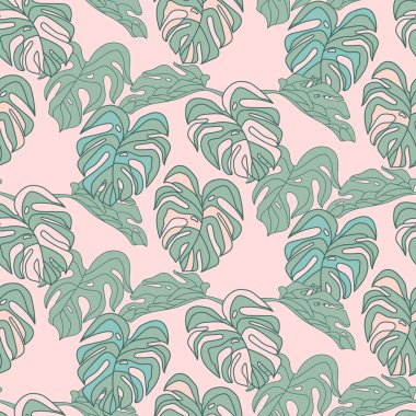 Tropikal yaprak duvar kağıdı, Monstera doğal desen tasarımı, Orman yeşili yapraklar, kumaş için çizilmiş el, kamuflaj yaprakları..