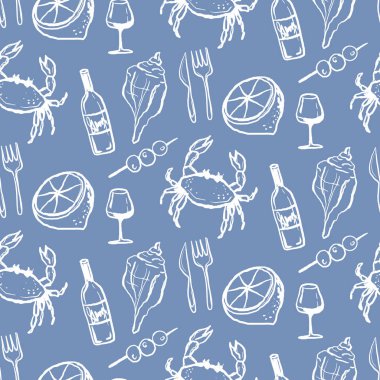 Deniz ürünleri tatili kusursuz. Şarap, yengeç, deniz kabuğu ve limonlu el çizimi. Tekstil, kağıt ambalaj restoranı ve menü tasarımı.