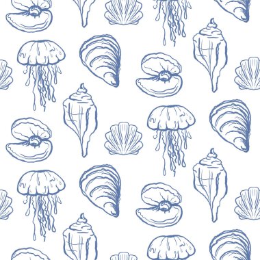 Vektör deniz kabukları ve deniz hayvanları kusursuz desen. Beyaz üzerine mavi deniz kabuğu simgeleri. Deniz yaşamı geçmişi