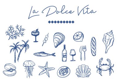 Dolce Vita yemek ve deniz kabuğu resimlerini çizdi. Kahvaltı, öğle yemeği karalama ikonları. Şarap kadehi, deniz ürünleri, zeytin ve davetiyeler, menüler ve partiler için doğa resimleri. Kıyı İtalyan tarzı