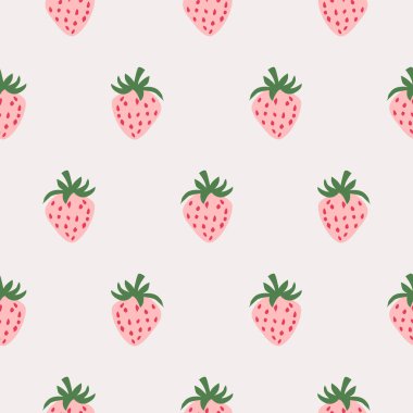 Kusursuz desenli, şeftali pembesi çilekli krema minimalist arka planda. Vektör grafikleri.