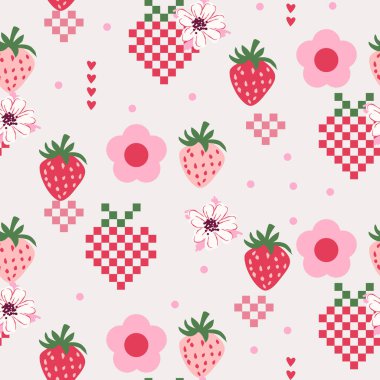 Tuhaf halk çileği desenli şirin çiçek çileği detaylarıyla kusursuz desen. Kırsal alan. Kırmızı köy. Romantik kır evi.