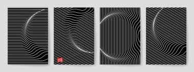 Set of Monochrome Optical Art Design Covers for Printing. Vector Abstract 3d Geometric Illustration. CMYK. clipart