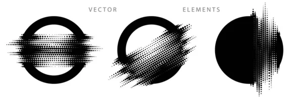 Set Circular Graphic Elements Glitch Halftone Texture Vector Monochrome Illustration — Image vectorielle