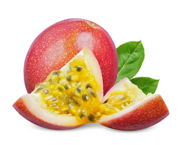 stock image Passion fruit and slice with leaf isolated on white background. Passion fruit clipping path