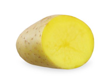 Yarım çiğ patates, beyaz arka planda izole edilmiş. patates kırpma yolu