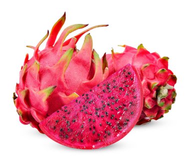 Kızıl Ejder meyvesi ve dilimlenmiş beyaz arka plan. Ejderha meyvesi kırpma yolu