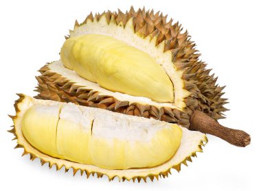 Beyaz arka planda izole edilmiş Durian meyvesi. durian kırpma yolu