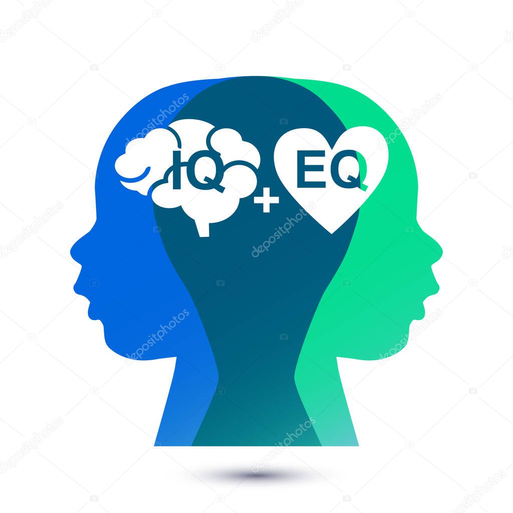Child Intellectual and emotional intelligence or right and left brain hemispheres concept. IQ and EQ with kid head profile vector illustration