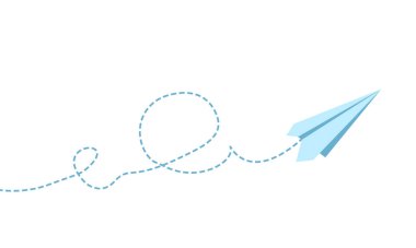 Mavi yolu olan kağıt bir uçak. Noktalı hava yolu çizimi ile uçak uçurmak