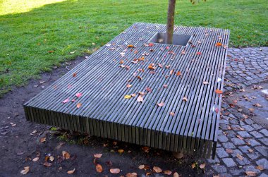 Parktaki bir ağacın altında, meydandaki metal bacakların üzerinde kentsel kiriş şeklinde büyük bir bank var. Çimen ızgarası metal ve beton çizgili fayans tasarımı toprak çimen çimleri için delikler, bagaj