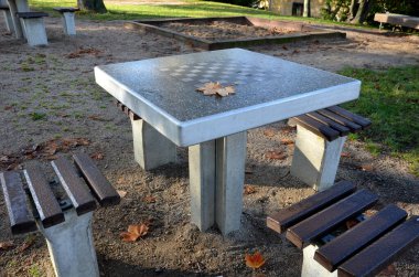 Park mobilyaları satranç masası ve açık metalden yapılmış dört kişi için sandalyeler ve arka bahçeli ahşap kirişler.