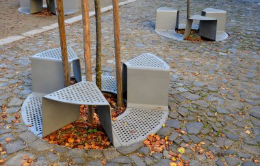 Ağacın etrafında bir delikle oturan bir bank. yeşil boyalı metal delinmiş plaka. Ağacın etrafında pizza ya da yonca gibi üç yer var. Parkta beton kaldırım yolu