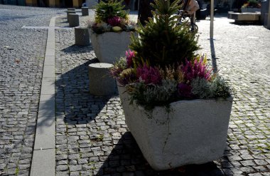 Gri bir saksı dikdörtgen şeklindedir. Çiçek saksısı, bir meydanda ya da bir parkta uzun ömürlü çiçeklerle doludur. Çelik, beton, adaçayı, çalılık, granit silindir, güneşli