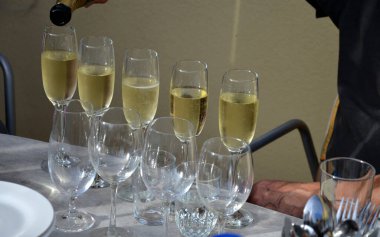 Şampanyayı uzatılmış bardaklara dolduruyorum. Riesling tipi köpüklü beyaz şarap. Yeşil şişede serinletici bir içecek. Kadeh kaldıralım.