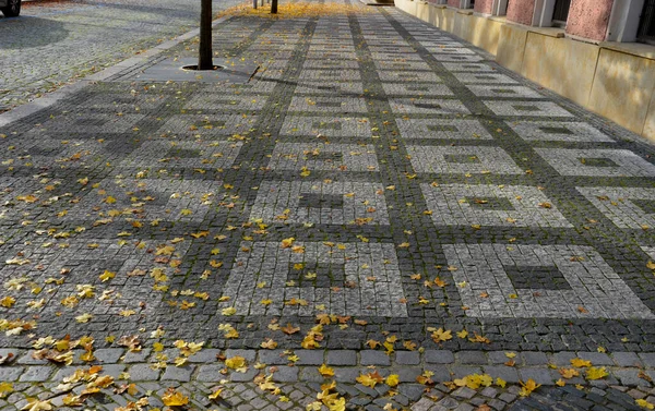 Stadt Straßenpromenade Mosaik Kopfsteinpflaster Marmor Formen Allee Linden Stahlstangen Menschen — Stockfoto