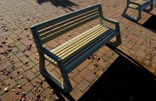 light concrete park bench, elegant cast frame and light wooden seat and backrest made of planks. brown paving square in midday sun. beveled round shapes of garden furniture
