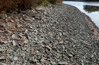 Kuş, göletin ortasındaki insan yapımı adalara yuva yapar. Adalar büyük kayalarla takviye edilmiş kıyılara sahiptir. Dalgakıran Kanalizasyon göleti ve tortu kaldırmaya hazırlanıyor. Kauçuk botlu balıkçı, ölçüm, kuru, kuraklık, kuraklık, iklim, ölçüm