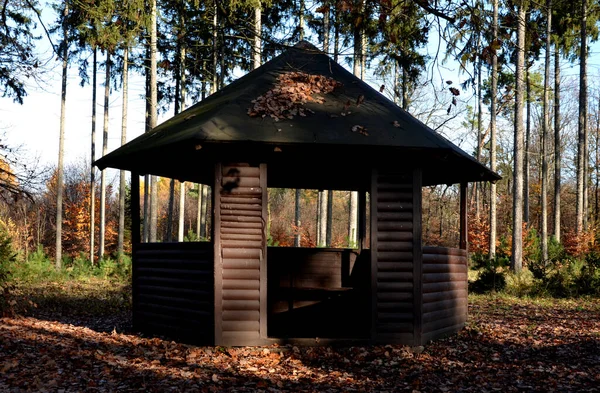Wooden House Forest Meadow Tourists Has Shaped Roof Made Log — Foto de Stock