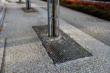 Dikdörtgen şeklinde kafes, bir ağaç gövdesi için dairesel bir delik, kaldırımlı bir meydanın ortasında ya da bir çatı katında. Altın bölmeli çelik paspas, süs parkı, döşeme