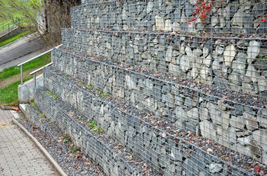 a staircase-like gabion wall is a supporting structure. a rockery bush is growing over it. in autumn it is covered with red fruits. covering plant, overhanging, berry, stone, road side, sidewalk