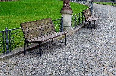 edge of a snowy lawn in a flowerbed in the undergrowth of trees near the lawn forming a color line of pink blue purple. the lawn is separated from the path by a low metal fence, lamp post