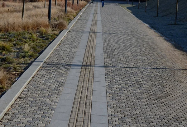 lane in paving forblind. the protrusions on tiles guide the foot to the pedestrian crossing and in a safe direction and distance from the road. it protects blind citizens in the city and help move